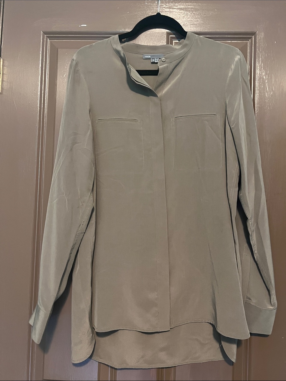 Vince Olive Silk Collarless Button-Front Shirt 10